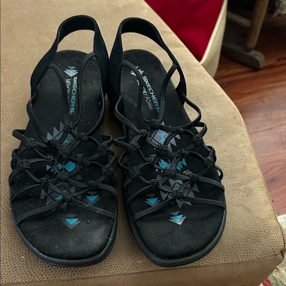 Skechers Women's Black Sandals with Blue Accents